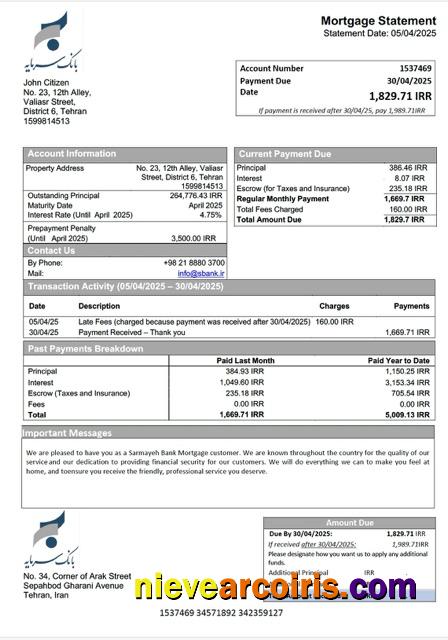 Iran Sarmayeh Bank mortgage statement Word and PDF template